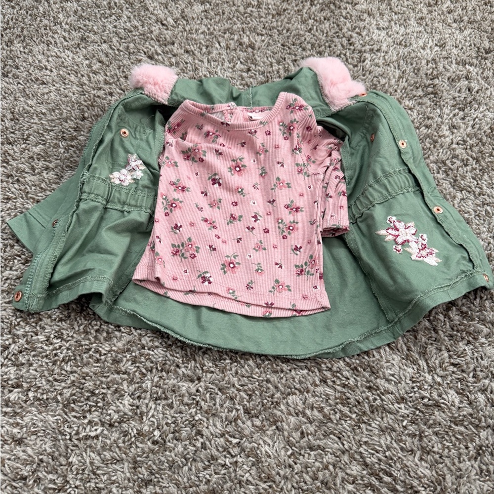Little Lass Green Jacket with Pink Floral Shirt